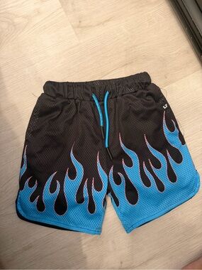 Kids Black & Blue Flame Mesh Shorts with Drawstring